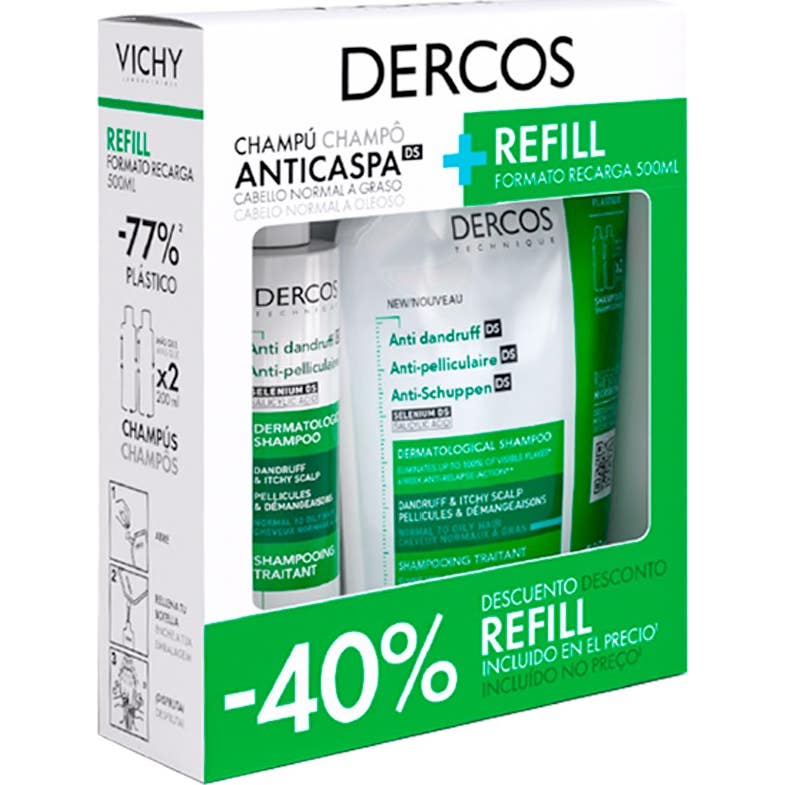 Vichy Dercos Champú Anticaspa Cabello Normal a Graso 390ml + Recarga 390ml