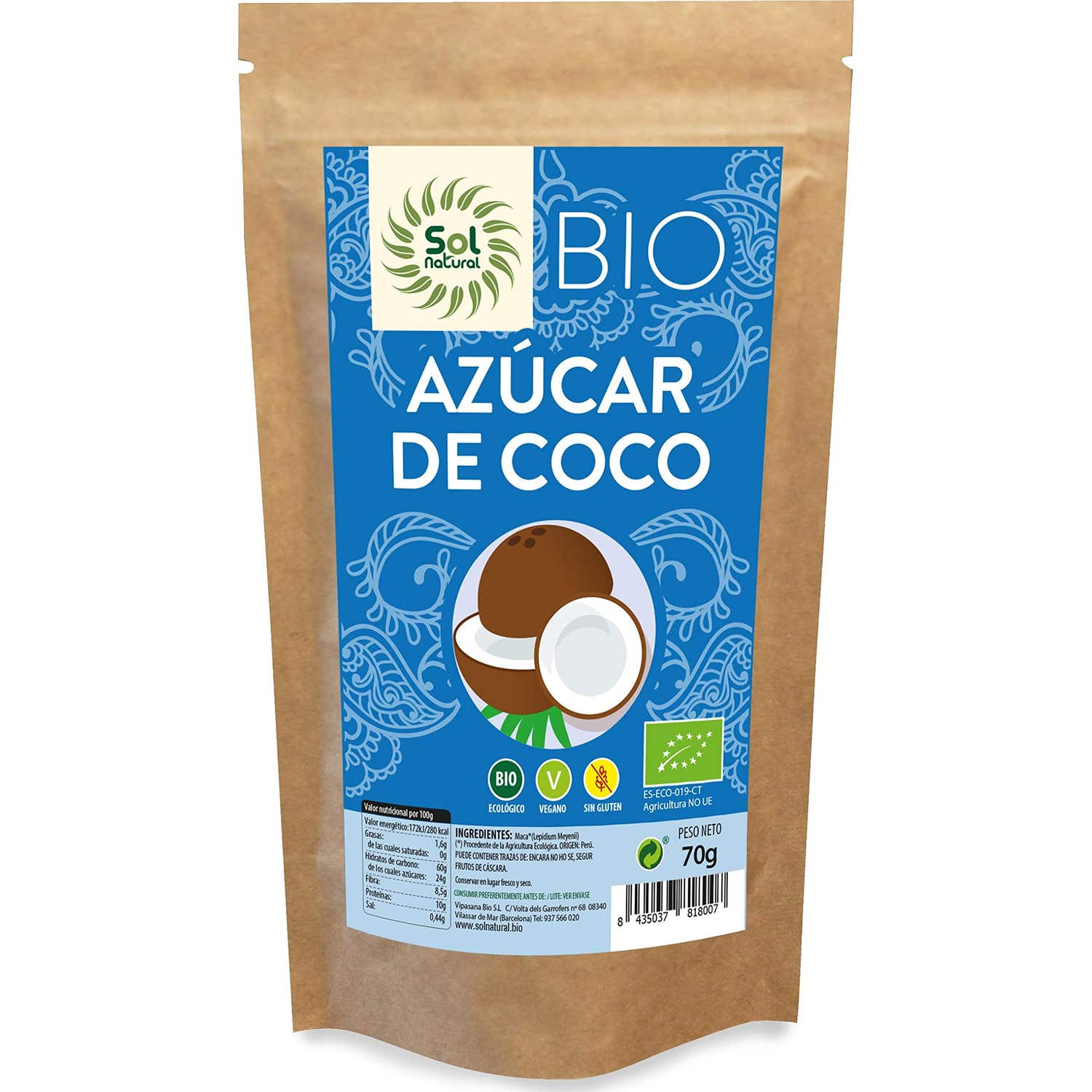 Solnatural Azúcar Coco Bio Sin Gluten Vegano 250g