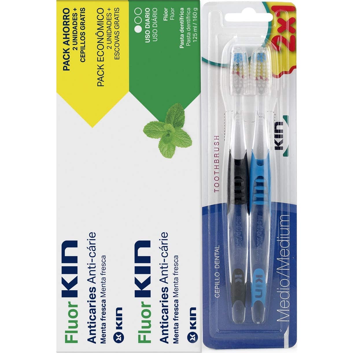 Fluor Kin Pasta Dentífrica Menta Fresca 2x125ml + 2 Cepillos