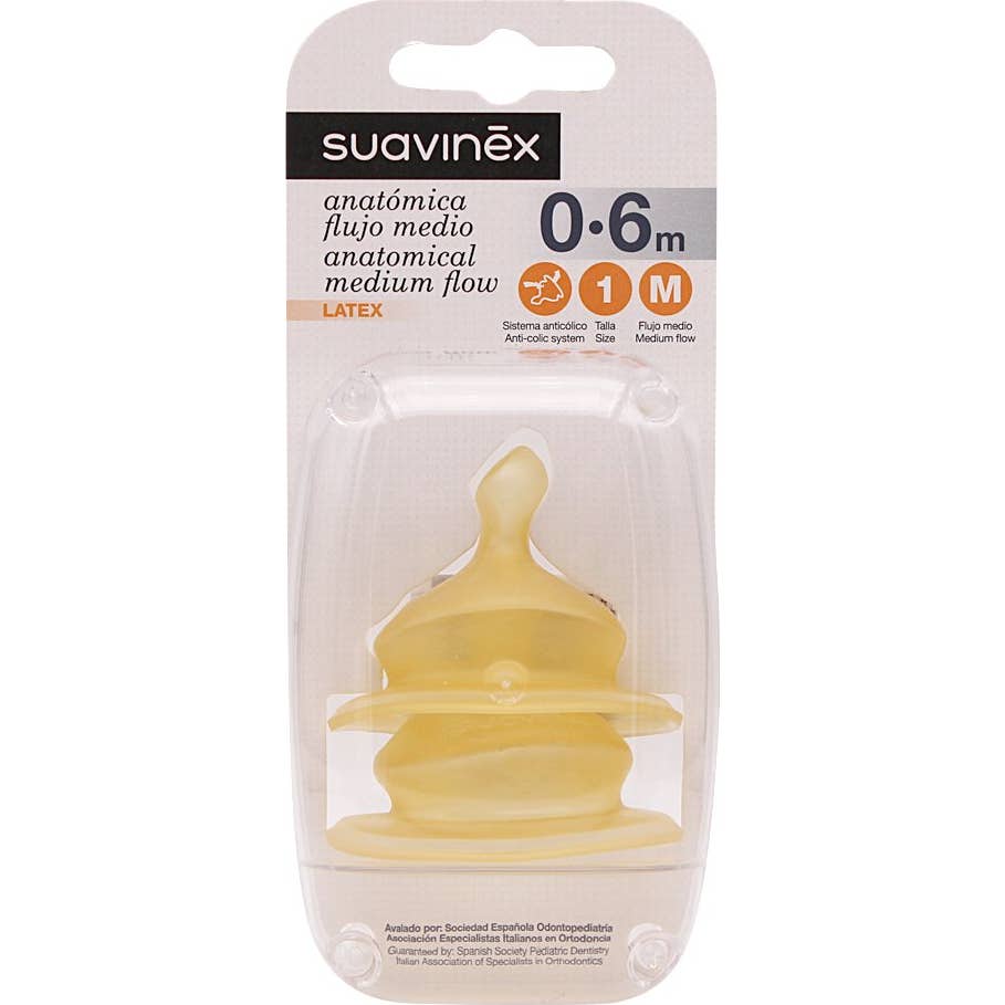 Suavinex Tetina Anatómica Látex 1M Flujo Medio 0-6m 2uds