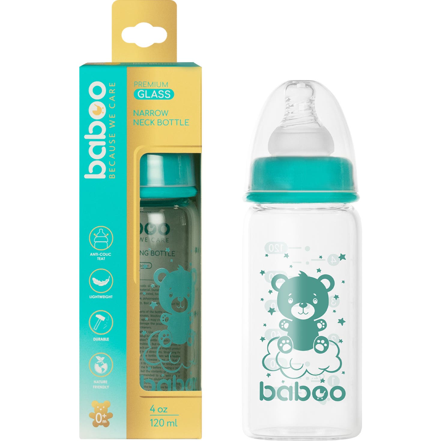 Baboo Biberón Vidrio Anticólico Cuello Estrecho +0M 120ml 1ud