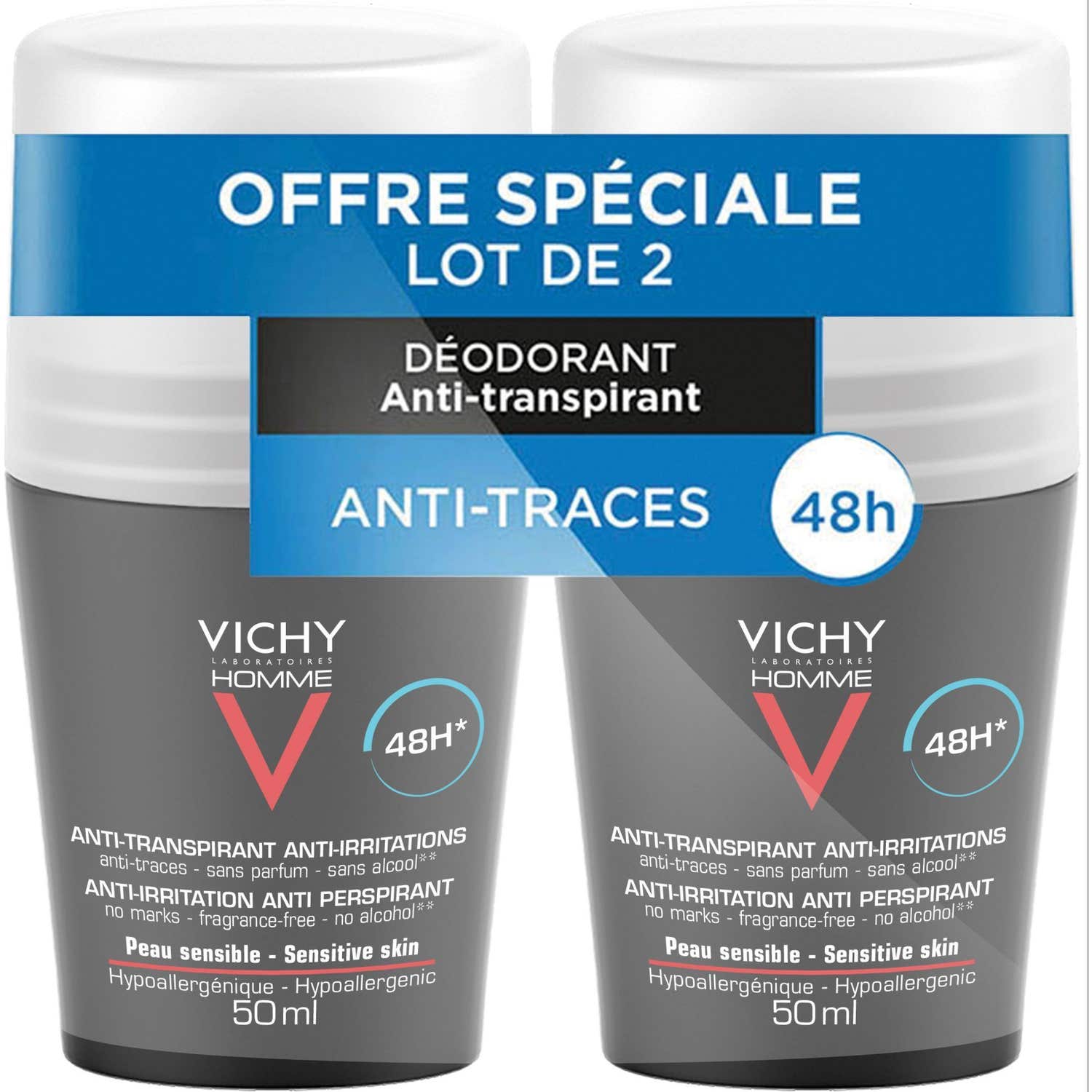 Vichy Homme Desodorante Antitranspirante Piel Sensible 48h Roll-on 2x50ml