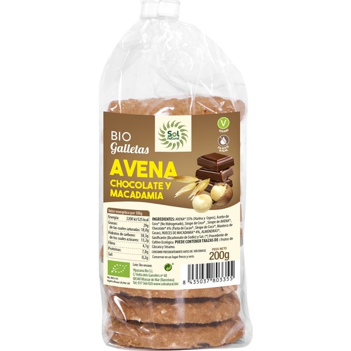 Sol Natural Galletas Avena Chocolate Y Macadamia Bio 200 g