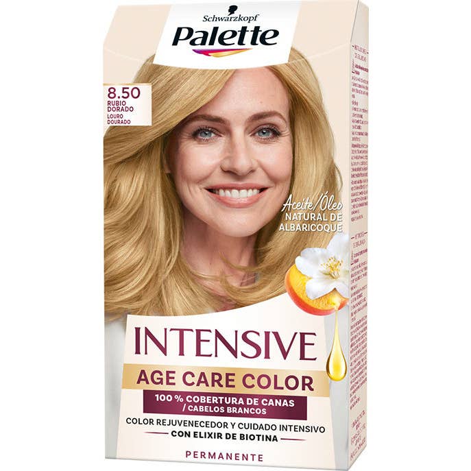 Schwarzkopf Palette Intensive Age Care - Tinte permanente 8.50 Rubio Dorado - Pack de 3- Color rejuvenecedor con elixir de biotina