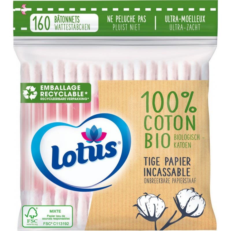 Lotus Palillos de Algodón Orgánico Surtidos 160 uds