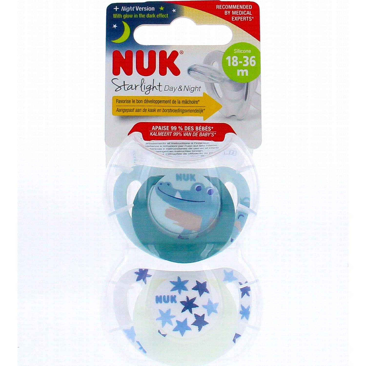 Nuk Starlight Día y Noche Chupetes 18-36 Meses 2uds