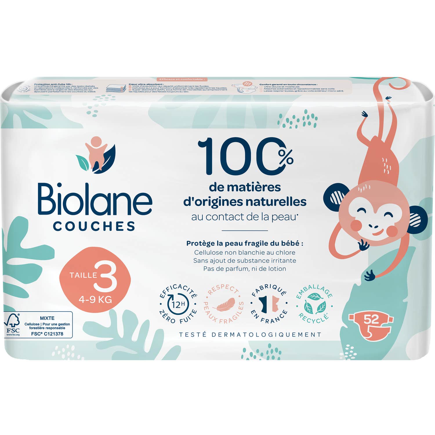 Biolane Pañales Naturales para Bebés Talla 3 4-9kg 52 Unidades