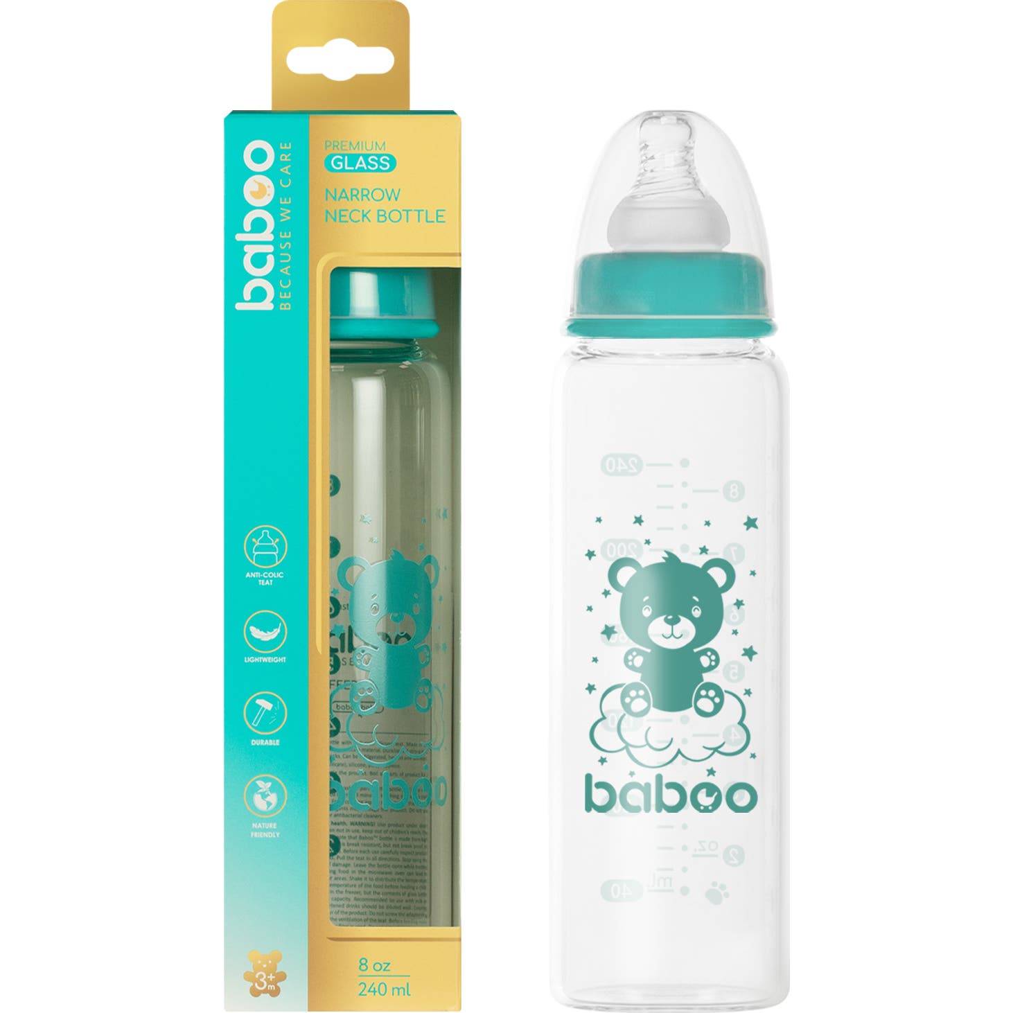 Baboo Biberón Vidrio Anticólico Cuello Estrecho +3M 240ml 1ud