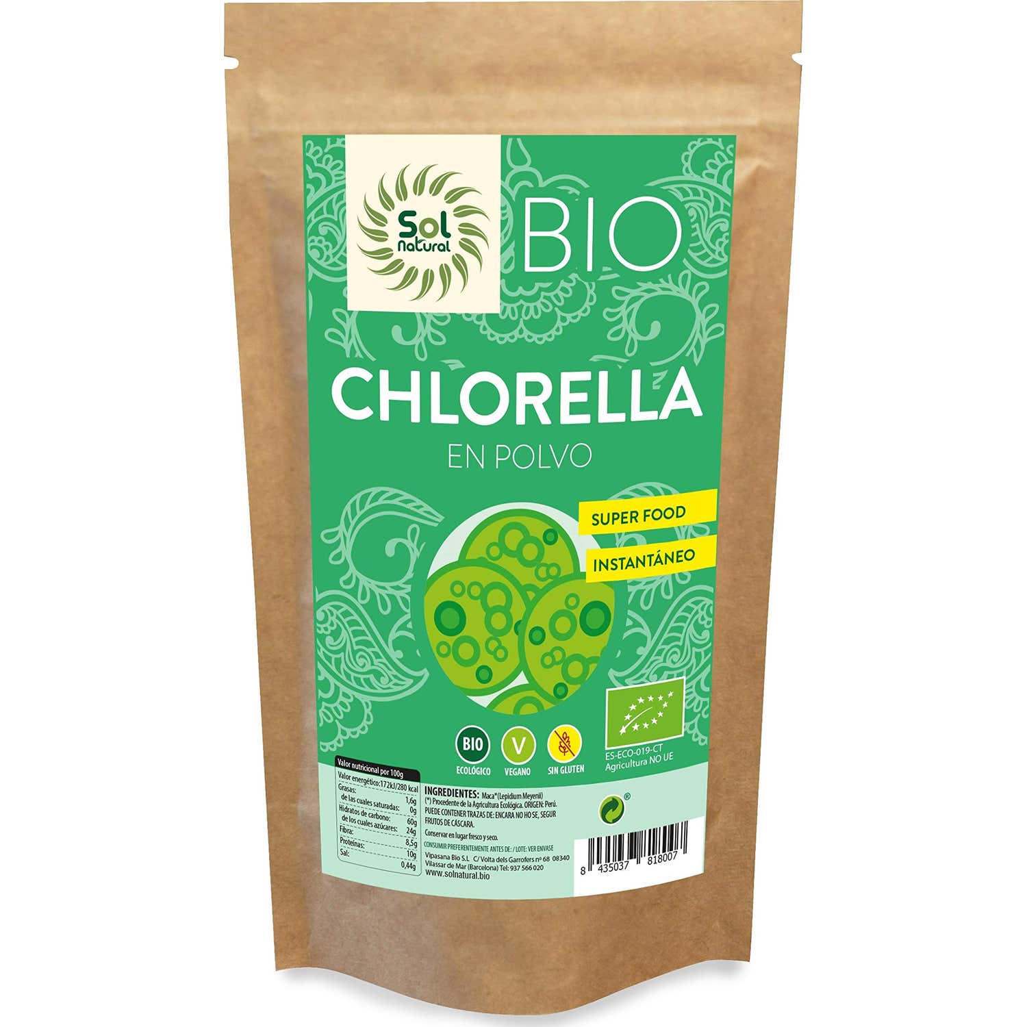Solnatural Chlorella Polvo Bio sin Gluten Vegano 125g