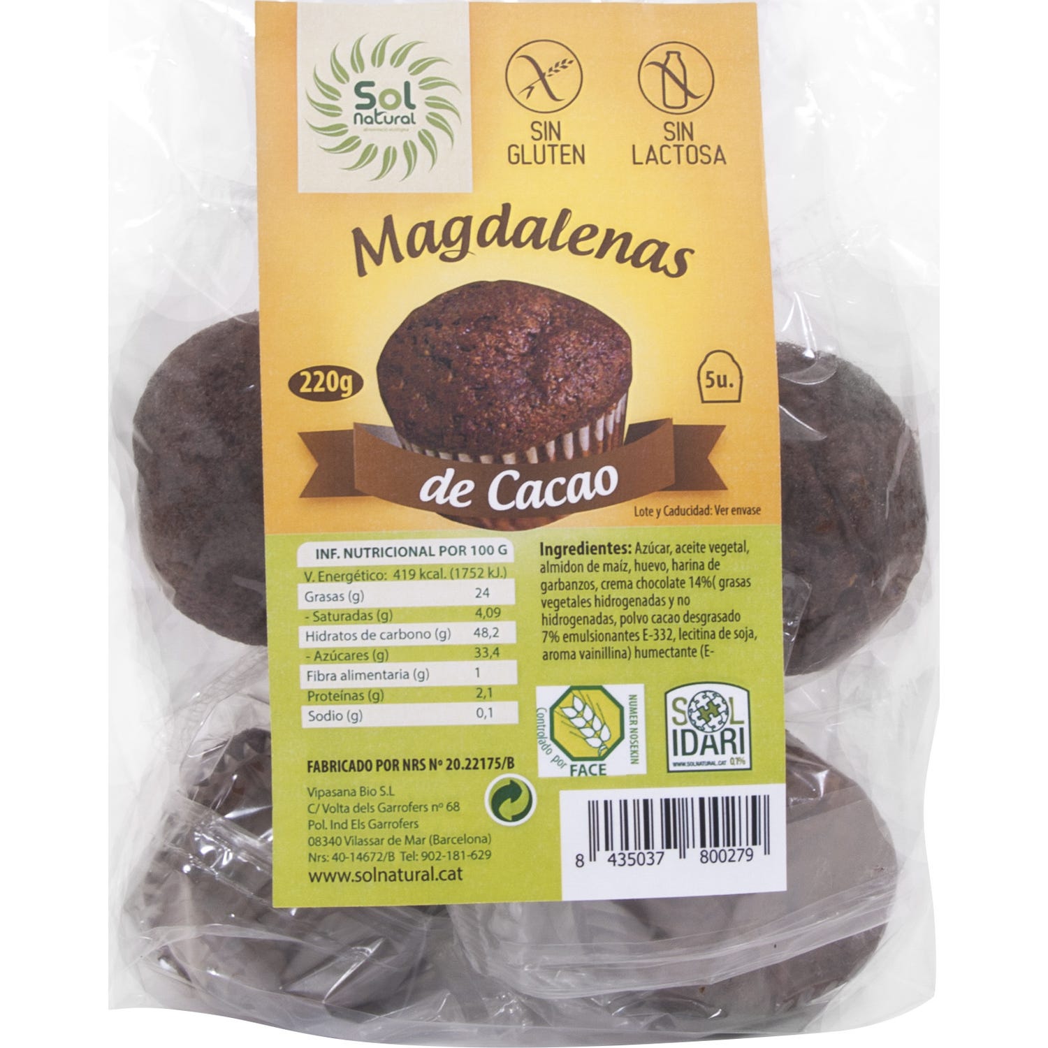 Solnatural Madalenas sin Gluten Choco Súper 220g