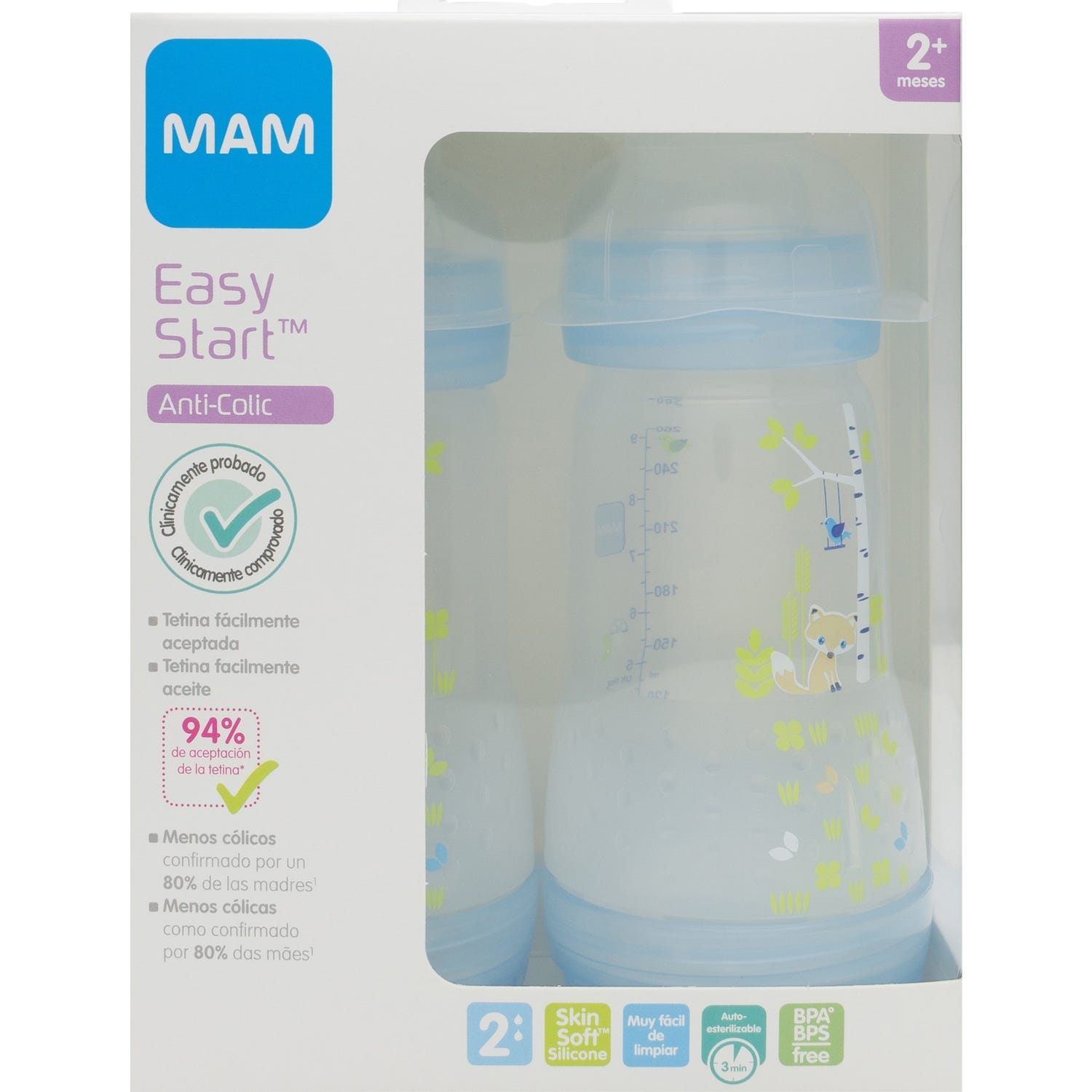 MAM biberón 0 BPA anticólico 260ml 2uds