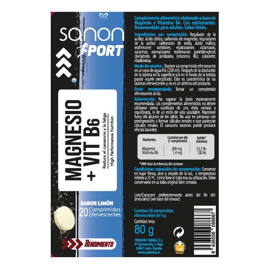Sanon Sport Magnesio + Vitamina B6 Limón 20comp