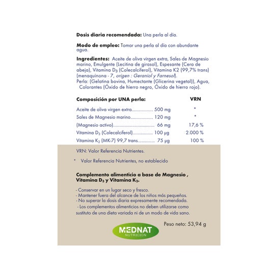 Mednat Vitamina D3+K2+Mg 60 Perlas