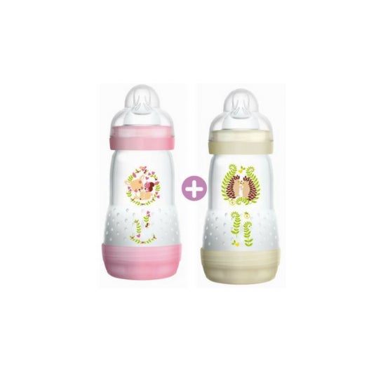 Mam Anti-Colic Bottle - 260Ml - 0 - 6 Meses - Ttine Dbit 2 - Set Of 2 - Pink And White