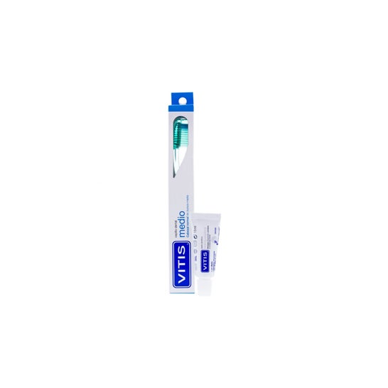Vitis Pack Cepillo Dental Medio + Dentífrico Blanqueador 15ml