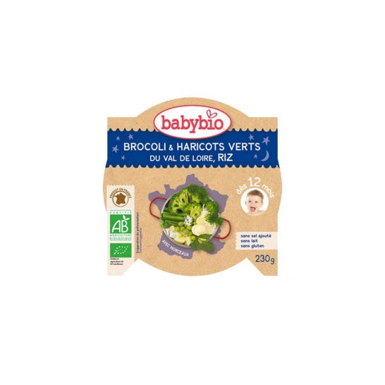 Plato de Buenas Noches Babybio Arroz Brócoli y Judías Verdes del Valle del Loira 230 g