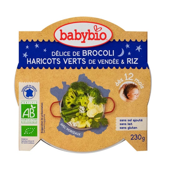 Plato de Buenas Noches Babybio Arroz Brócoli y Judías Verdes del Valle del Loira 230g