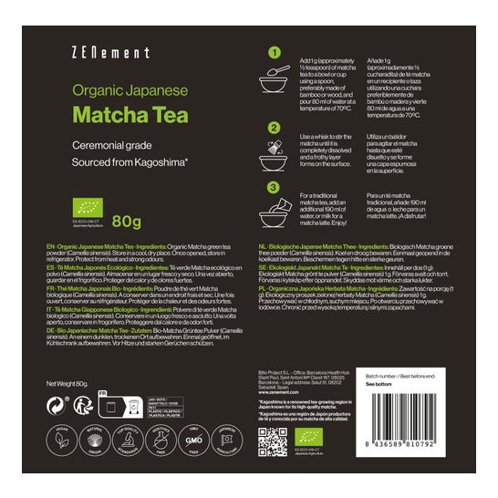 Zenement Té Matcha Japonés Ecológico Grado Ceremonial 80 g