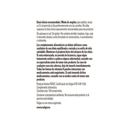 Solgar Vitamina K1 Fitomenadiona 100 mcg 100 comp.