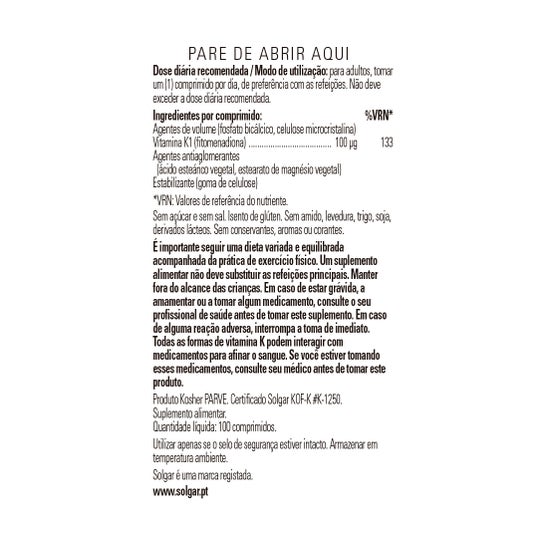 Solgar Vitamina K1 Fitomenadiona 100 mcg 100 comp.
