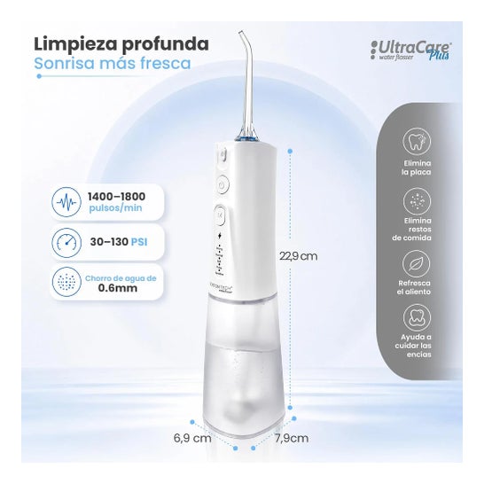 Irrigator do zębów przenośny Aquapik UltraCare Plus 8 końcówek 5 trybów 300 ml (Biały)