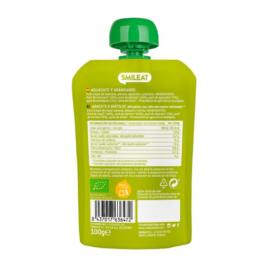 Smileat Pouch Ecológico de Aguacate y Arándanos 100 g