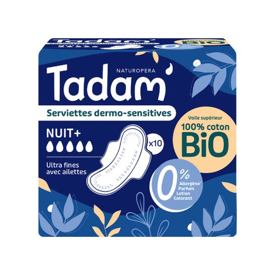 Tadam' Compresas Dermo-Sensitivas Noche+ Algodón Bio Noche 10 uds