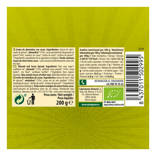 Naturgreen Organische Crème Van Amandelen En Cacao 200 G