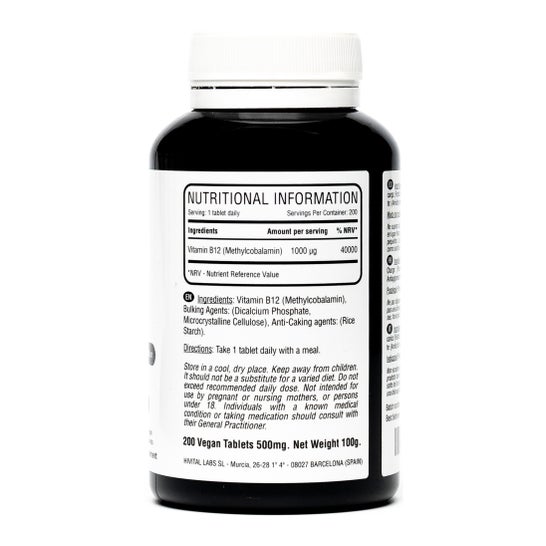 Hivital Foods Vitamina B12 Metilcobalamina 1000 mcg 200 comprimidos (Más de 6 meses)
