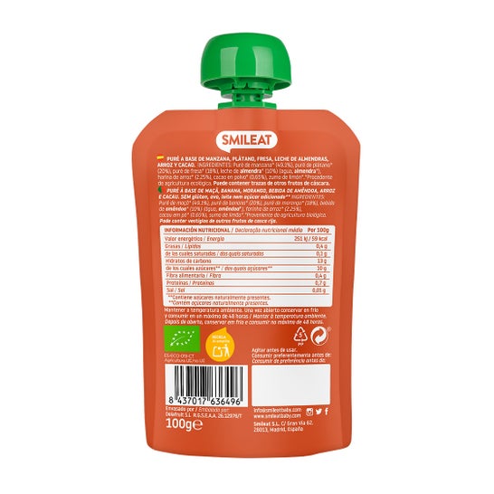 Smileat Pouch Ecológico de Leche de Almendras Cacao y Fresa 100 g