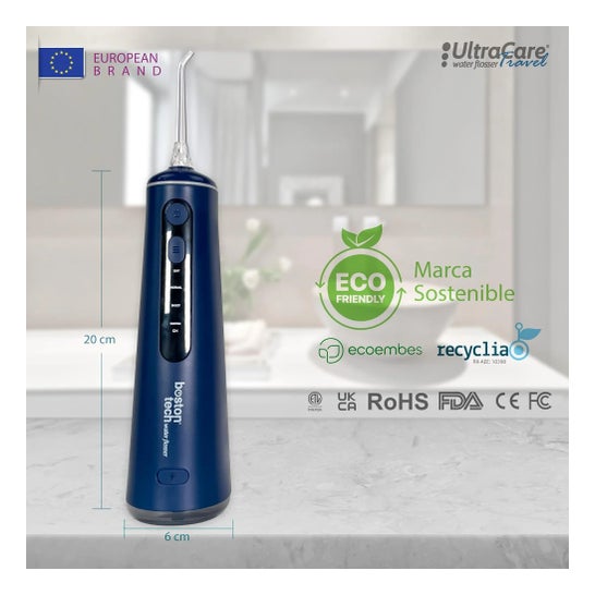 Irrigator dentystyczny ULTRA CARE bezprzewodowy przenośny profesjonalny - 8 końcówek - 4 tryby, IPX7 Niebieski