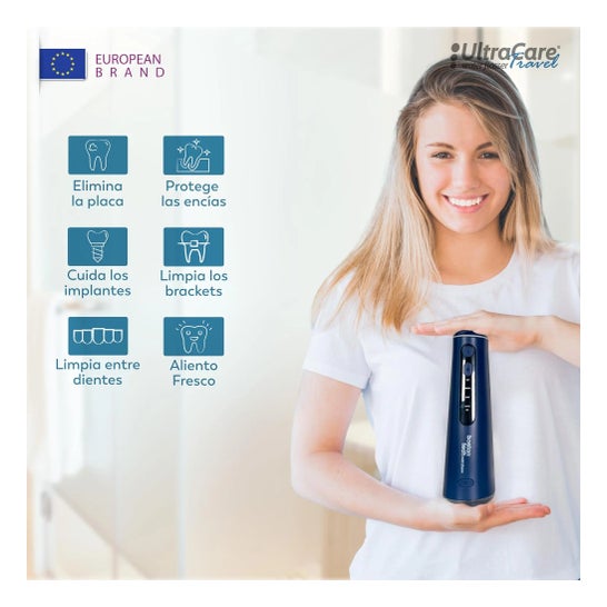Irrigator dentystyczny ULTRA CARE bezprzewodowy przenośny profesjonalny - 8 końcówek - 4 tryby, IPX7 Niebieski