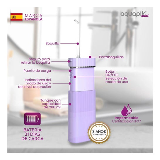 AquaPik Kit Mini Irrigatore Orale Portatile Viaggi Carica Usb Viola