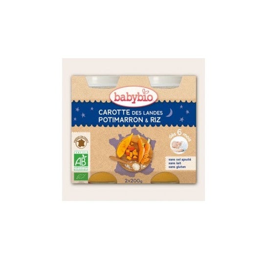 Tarros Babybio Buenas Noches ZanahoriaPotimarronArroz BIO 6 meses 2 x 200 g