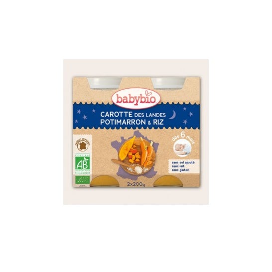 Tarros Babybio Buenas Noches ZanahoriaPotimarronArroz BIO 6 meses 2 x 200 g