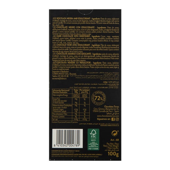 Torras Chocolate Negro 72% Zero 100 g
