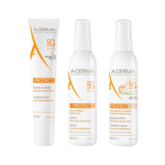 A-Derma Pack Protect SPF50+ Fluido Solar Invisible 40ml + Spray Solar 200ml + Spray Solar Infantil 200ml