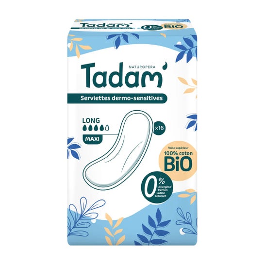 Tadam' Compresas Dermo-Sensitivas Largas Maxi Algodón Bio 16 uds