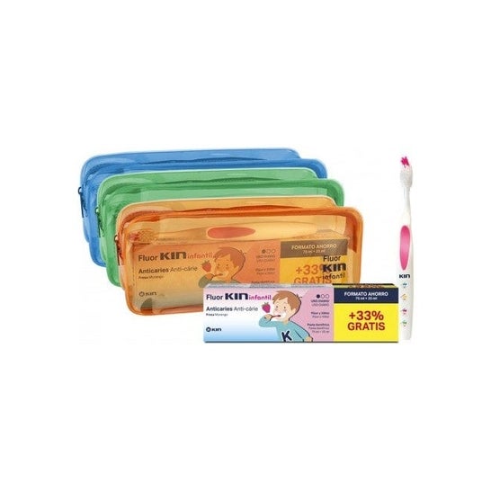 Fluor-Kin Infantil Pack pasta dentífrica fresa 75ml+25ml + cepillo dental + neceser