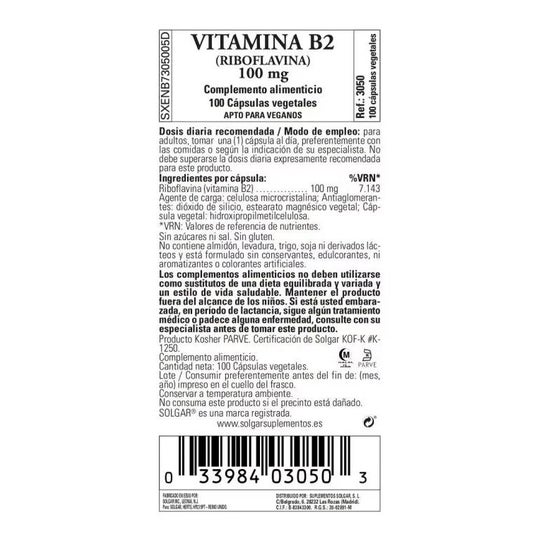Solgar Vitamina B2 100mg Riboflavina 100vcaps Solgar Vitamina B2 100mg Riboflavina 100vcaps