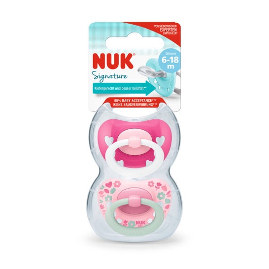 Nuk Signature Pack Silicone Soothers 6-18m Pink Hearts 2 pieces