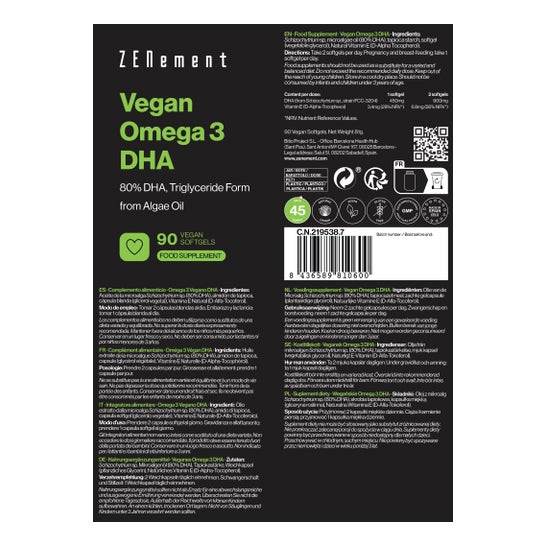 Zenement Omega 3 Vegano 80% DHA 90 Perlas