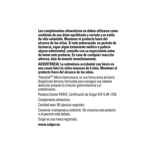 Solgar Hierro Gentle 20 mg Hierro Bisglicinato 90vcaps