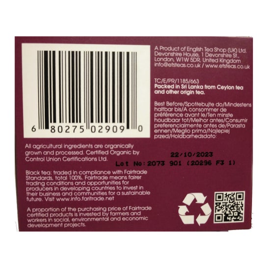 English Tea Shop Té English Breakfast Infusiones Bio 20 Sobres