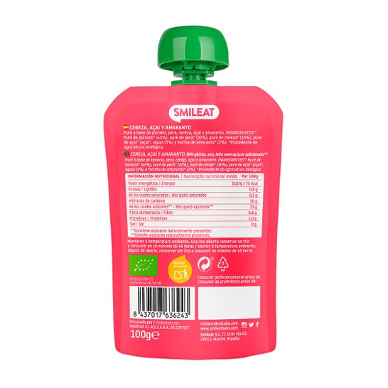 Smileat Pouch Ecológico de Cereza Açai y Amaranto 100 g