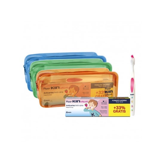 Fluor-Kin Infantil Pack pasta dentífrica fresa 75ml+25ml + cepillo dental + neceser