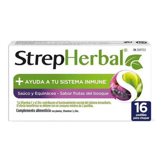 StrepHerbal Saúco y Equinácea + Vitamina C y Zinc Frutas del Bosque 16 pastillas