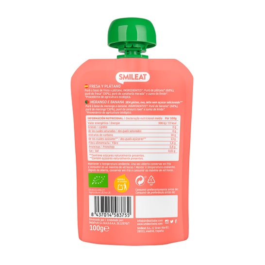 Smileat Pouch Ecológico de Fresa y Plátano 100 g