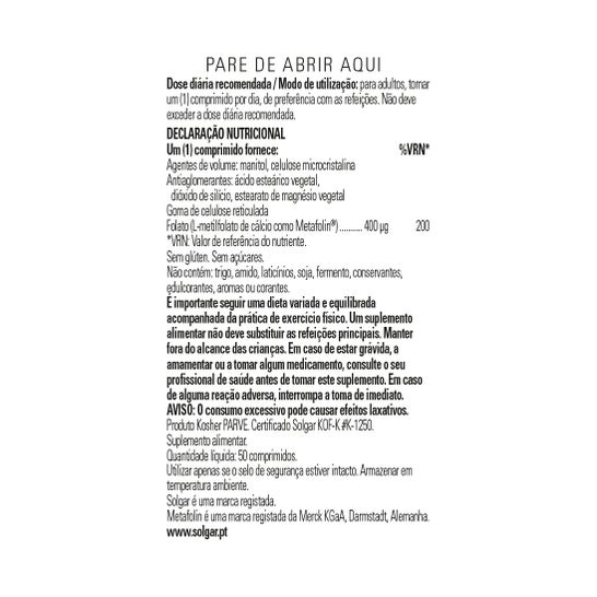 Solgar Folato como Metafolin 400mcg 50comp