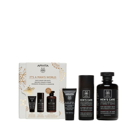 Apivita Pack It´s Man´s World Crema antiarrugas 50ml + Gel limpiador 50ml + champú 250ml